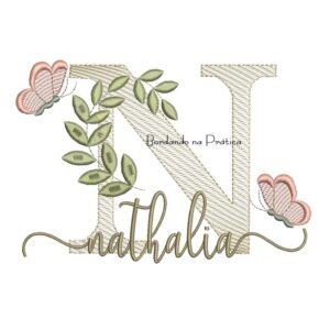 Matriz de Bordado - Nome Nathalia folhas e Borboletas