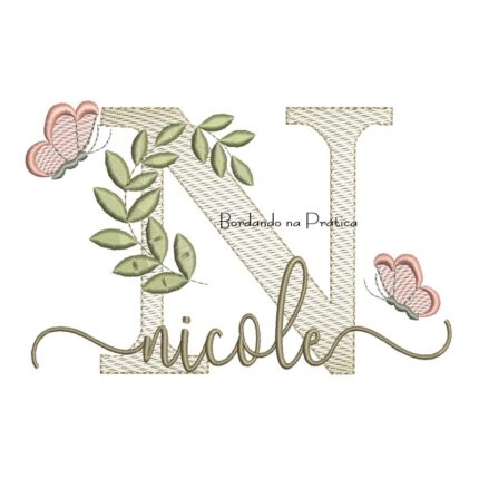 Matriz de Bordado - Nome Nicole folhas e Borboletas