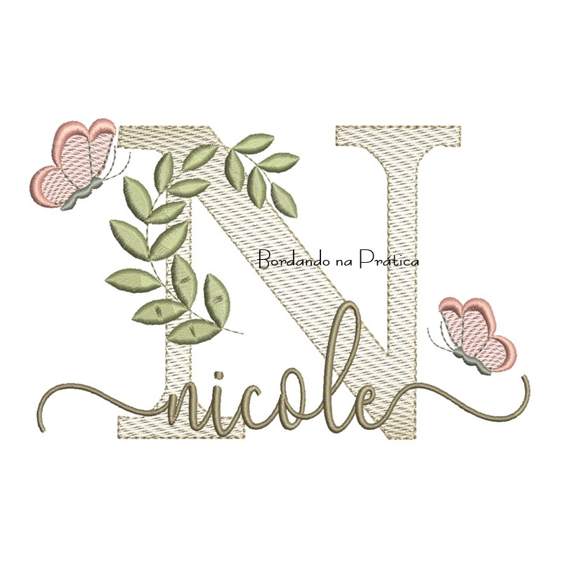 Matriz de Bordado - Nome Nicole folhas e Borboletas Matriz de Bordado - Nome Nicole folhas e Borboletas