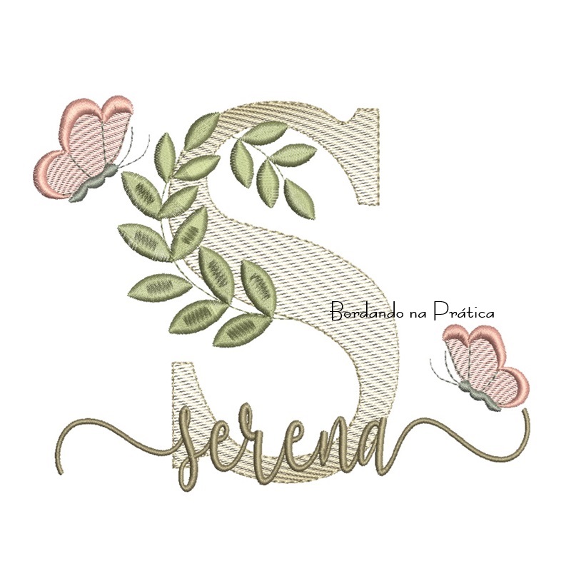 Matriz de Bordado - Nome Serena folhas e Borboletas Matriz de Bordado - Nome Serena folhas e Borboletas