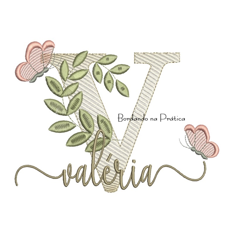 Matriz de Bordado - Nome Valéria Folhas e Borboletas Matriz de Bordado - Nome Valéria Folhas e Borboletas