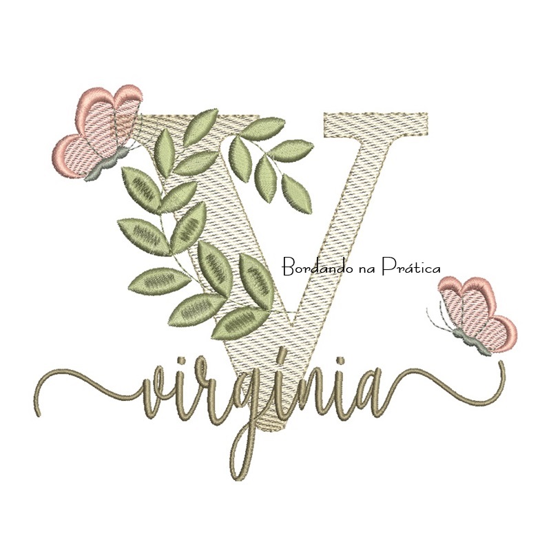 Matriz de Bordado - Nome Virgínia Folhas e Borboletas Matriz de Bordado - Nome Virgínia Folhas e Borboletas