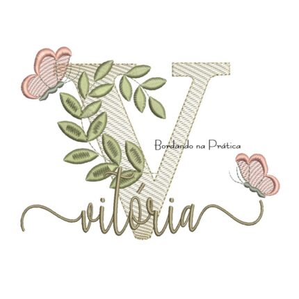 Matriz de Bordado - Nome Vitória Folhas e Borboletas