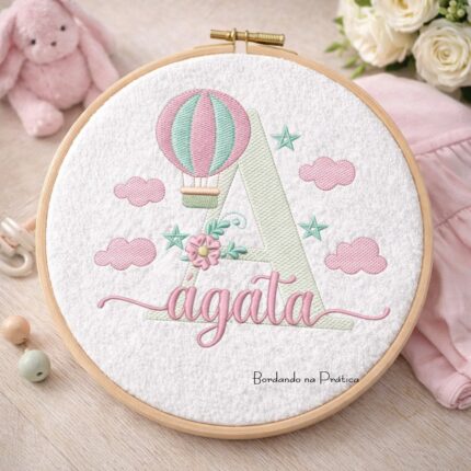 Matriz de bordado Agata para bordar com balao e nuvens bordando na pratica