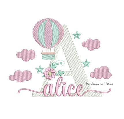 Matriz de bordado Alice para bordar com balao e nuvens