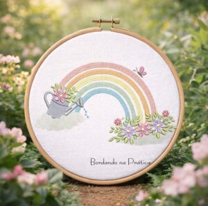 Matriz de bordado arco iris com regador de jardim para bordar bordando na pratica