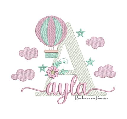 Matriz de bordado nome Ayla com baloes e nuvens e uma florzinha