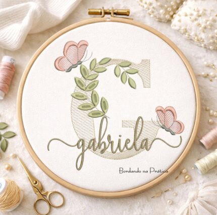 matriz de bordado gabriela para bordar com borboleta e folhas bordando na pratica