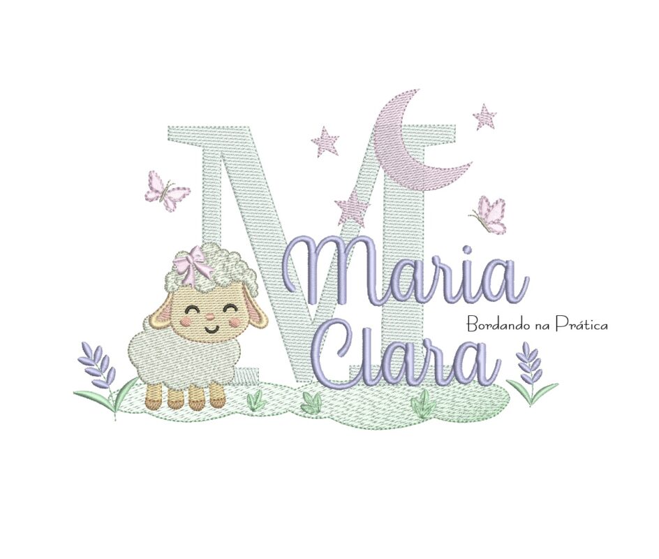 Matriz de bordado Ovelhinha lacinho com cenario lua e lavanda para bordar