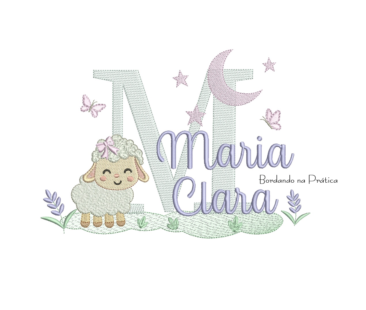 Matriz de bordado Ovelhinha lacinho com cenario lua e lavanda para bordar Matriz de bordado Ovelhinha lacinho com cenario lua e lavanda para bordar