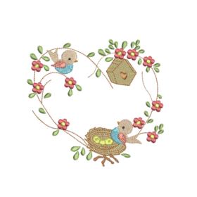 Matriz De Bordado Coroa Com Pássaros para bordar. Ninho em forma de coração