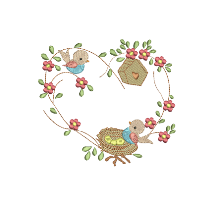 Matriz De Bordado Coroa Com Pássaros para bordar. Ninho em forma de coração
