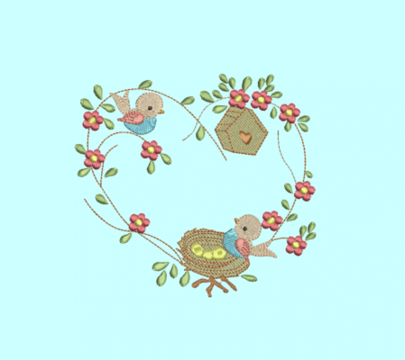 Matriz De Bordado Coroa Com Pássaros para bordar. Ninho em forma de coração