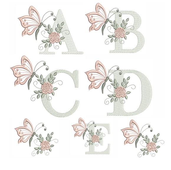matriz de bordado alfabeto rosas e borboletas