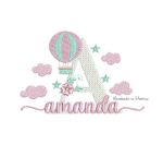 Matriz de bordado nome amanda com baloes e nuvens e uma florzinha