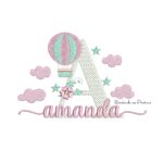Matriz de bordado nome amanda com baloes e nuvens e uma florzinha