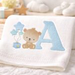 Matriz de bordado urso com letra A alfabeto e presente com estrelas em balao bordando na pratica