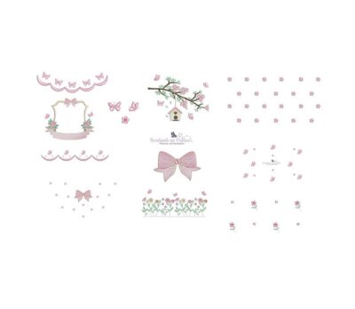 Matriz de bordado colecao pequenas borboletas com flores para bordar com molduras, gaiola laços e poas pacotinho