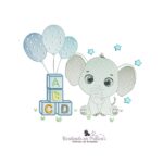 matriz de bordado Elefantinho Cute com caixa de brinquedos e baloes para bordar