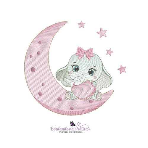 matriz de bordado elefantinha cute sentada na lua com estrelas para bordar