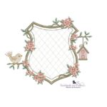 Matriz De Bordado Moldura aplique Passarinho no galho para bordar com gaiola e folhas e flores