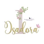 Matriz de bordado Isadora com raminho de folhas e flores e borboleta para bordar