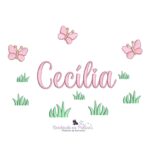 Matriz De Bordado Nome Cecília com borboletas e matinho.