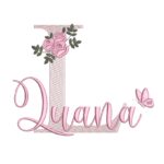 Matriz De Bordado Nome Luana com flores e borboletas para bordar.