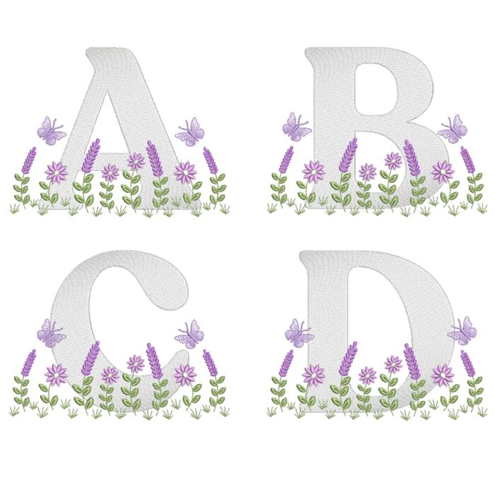 Matriz de Bordado Alfabeto jardim flores lavanda para bordar