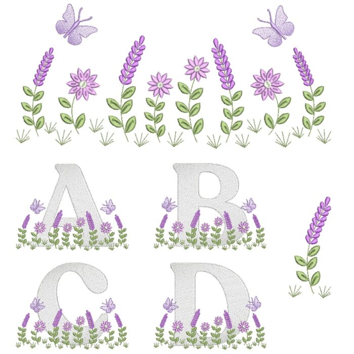 Matriz de Bordado Coleção jardim flores e Alfabeto lavanda para bordar