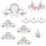 matriz de bordado Coleção raminho flores com laço e Alfabeto para bordar