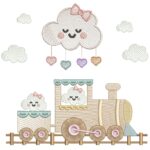 matriz de bordado nuvens com coração e trenzinho para bordar