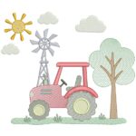 matriz de bordado tratorzinho com catavento e nuvens para bordar