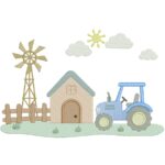 matriz de bordado tratorzinho na fazenda com nuvens para bordar