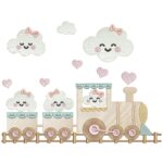 matriz de bordado trenzinho com vagões e nuvens para bordar