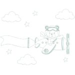 matriz de bordado ursinho aviador nas nuvens faixa contorno para bordar