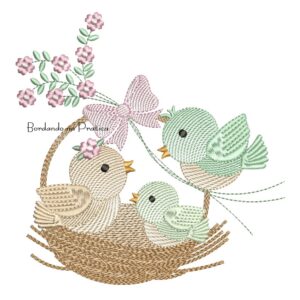 Matriz de Bordado Ninho com Passarinho e Flores para bordar BP