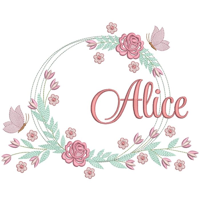 Matriz de bordado Nome Alice Moldura Floral para bordar