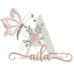 Matriz de Bordado Aila para bordar com borboleta e flores sobreposto