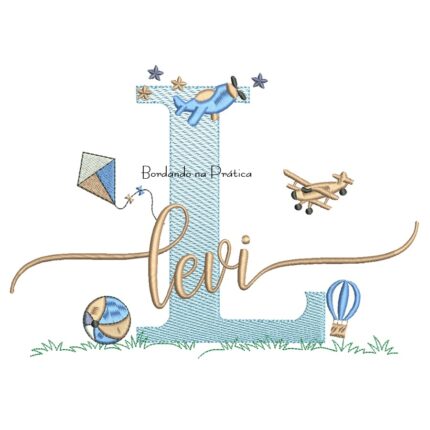 Matriz de Bordado Nome Levi com Brinquedos