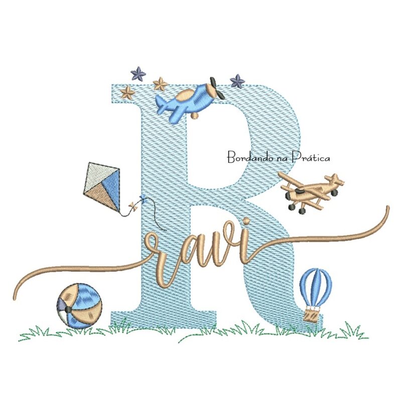 Matriz de Bordado Nome Ravi com Brinquedos