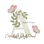 Matriz de Bordado - Nome Aurora folhas e Borboletas