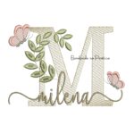 Matriz de Bordado - Nome Milena folhas e Borboletas
