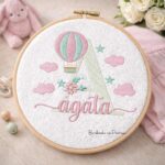Matriz de bordado Agata para bordar com balao e nuvens bordando na pratica