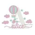 Matriz de bordado Alice para bordar com balao e nuvens